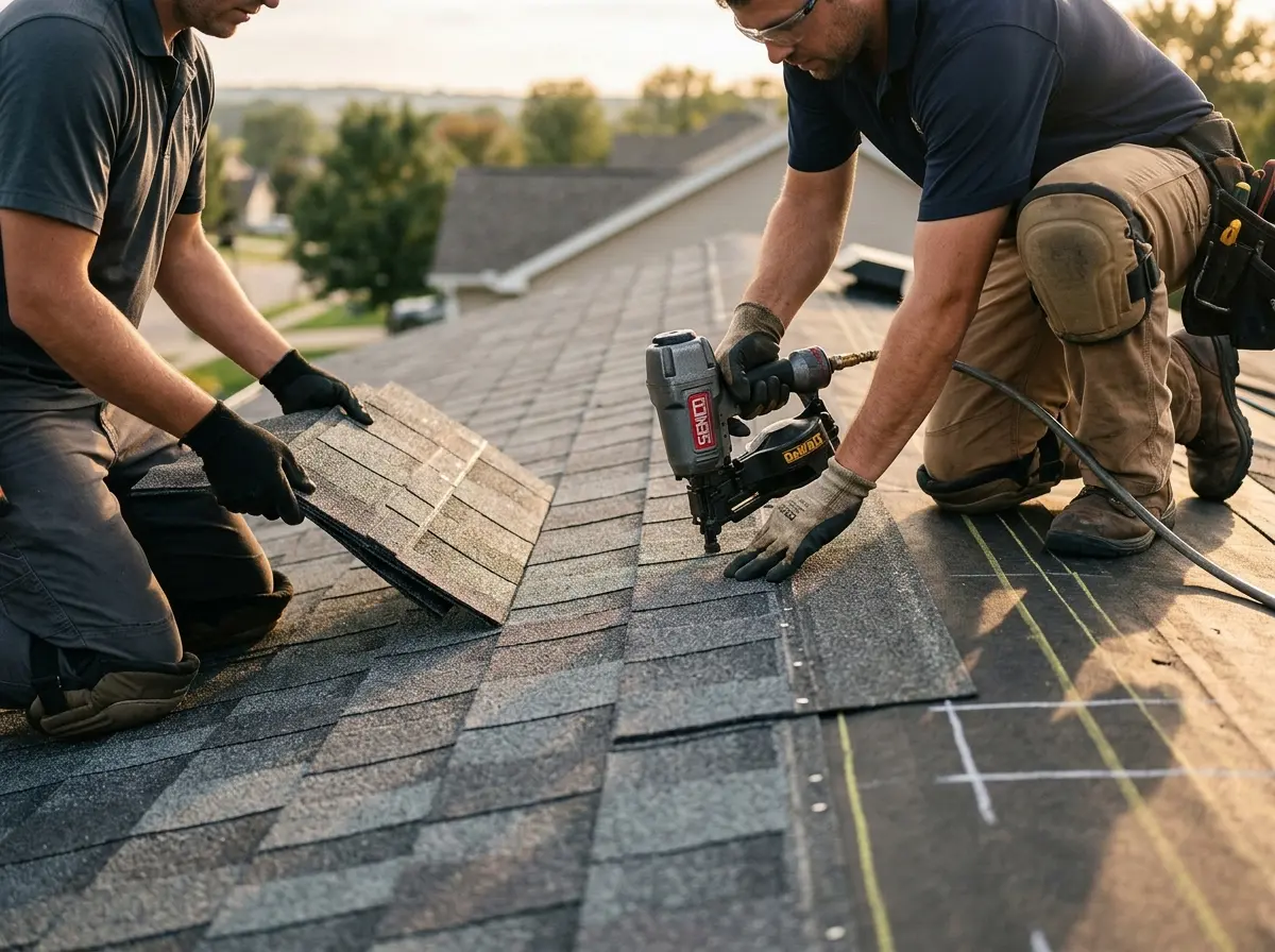 Professional roofer working on a residential roof in Viera West